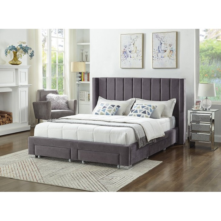 Grey Velvet Fabric Wing Bed 
