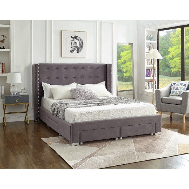 Grey Velvet Fabric Wing Bed