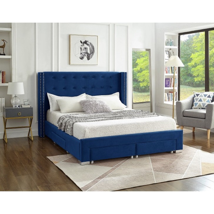 Blue Velvet Fabric Wing Bed 