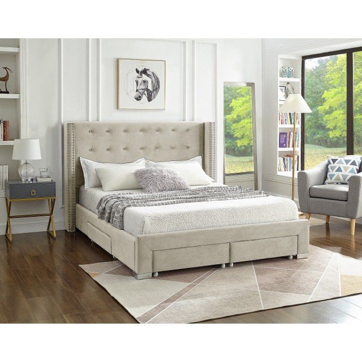 Creme Velvet Fabric Wing Bed