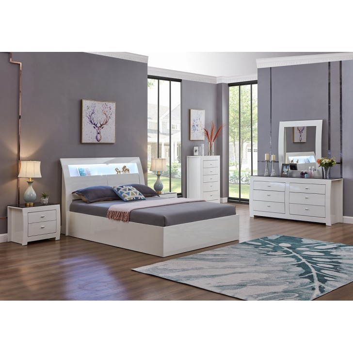 White Finish LED Touch Light Bedroom Set