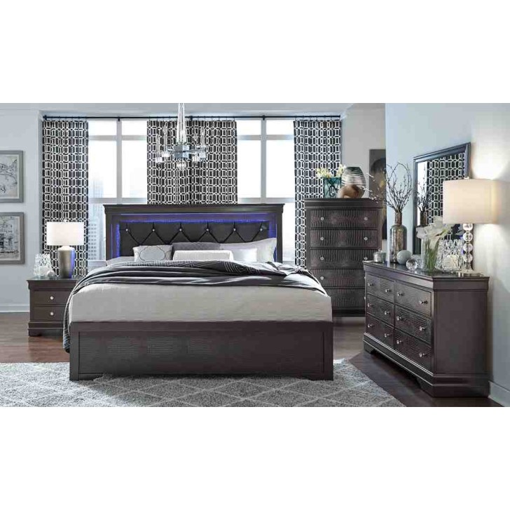 Metallic Grey Finish  LED Touch Lights Bedroom Set