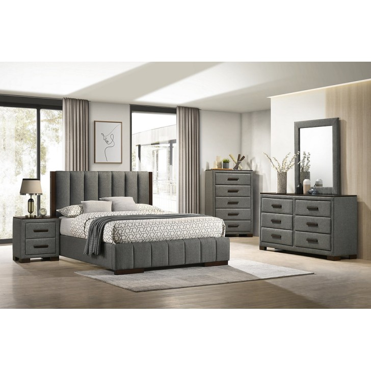 Dark Grey Fabric with Brown Wood Bedroom Set