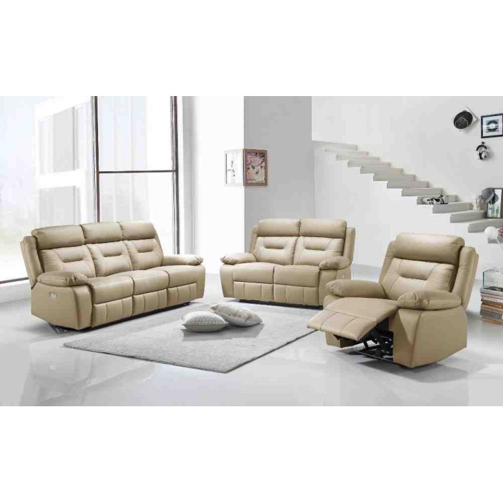 3pc Beige Genuine Leather/Match  Power Recliner Set