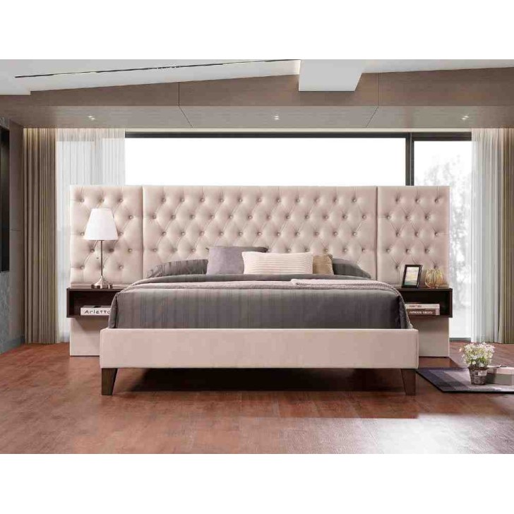 Beige Velvet Diamond Pattern Button Tufting Bed