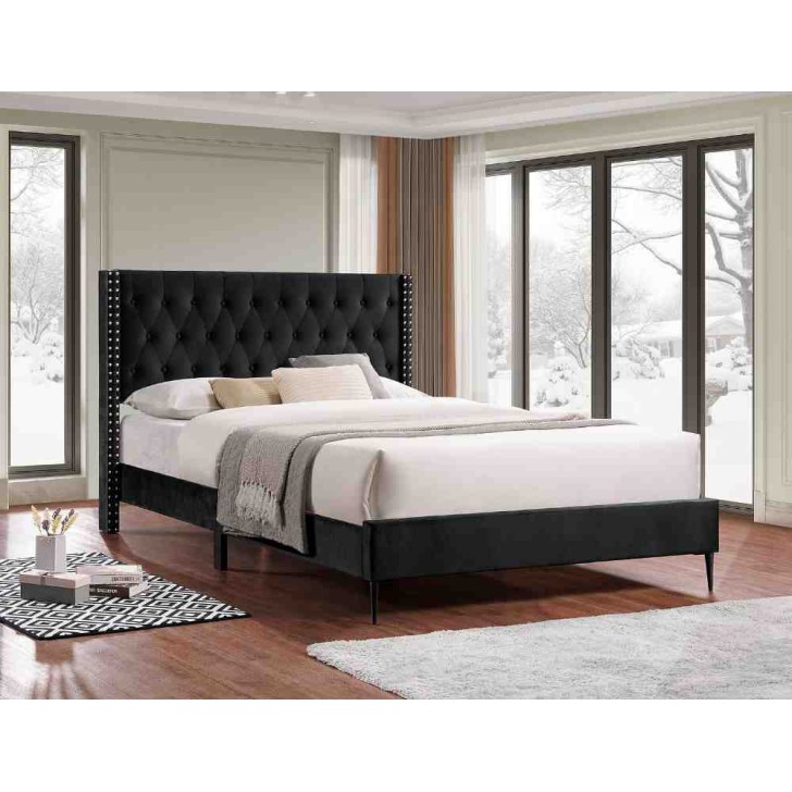 Black/Crème/Grey Velvet Diamond Pattern Button Tufting Bed