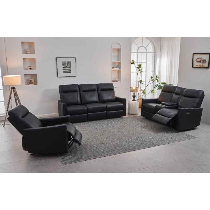 3pc Power Recliner Soft Black Leather Match Sofa Set 