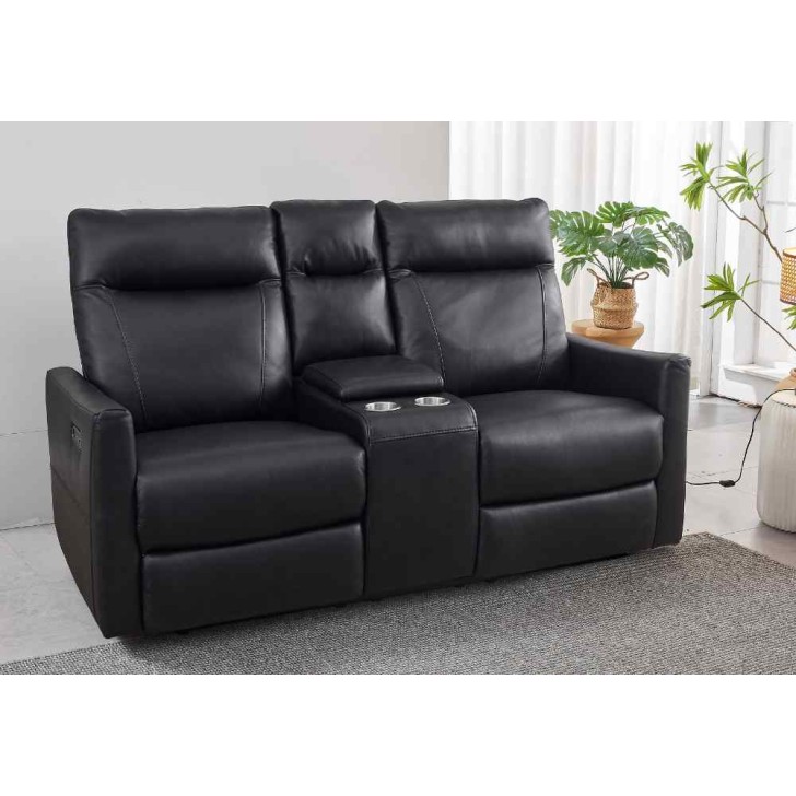 Soft Black Leather Power Recliner Loveseat