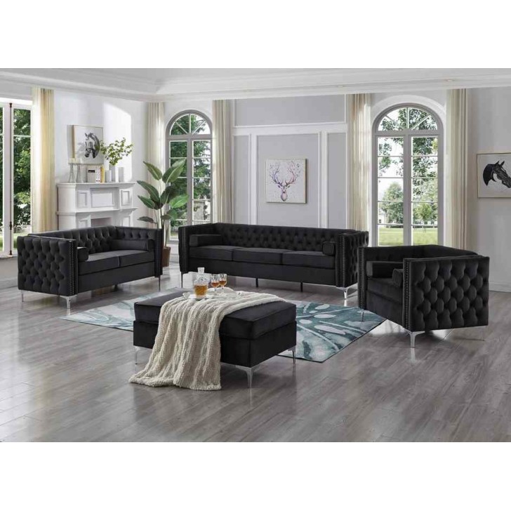 Black/grey/Blue Velvet With Deep Tufting Sofa Set 