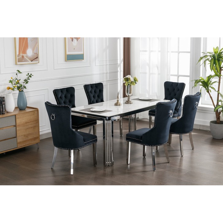 7Pc Ceramic Marble Top Dining Table Set With Creme Velvet Chair 