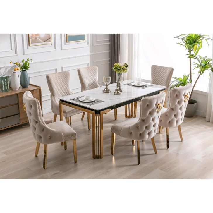 7Pc Ceramic Marble Top Dining Table Set 