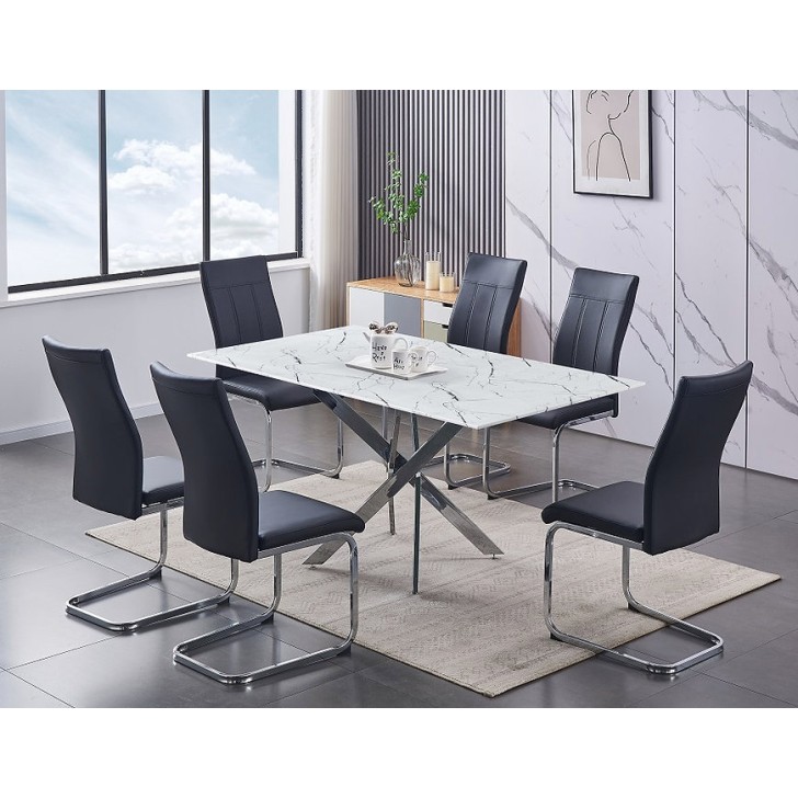 7Pc Tempered White Marble Glass Dining Table Set