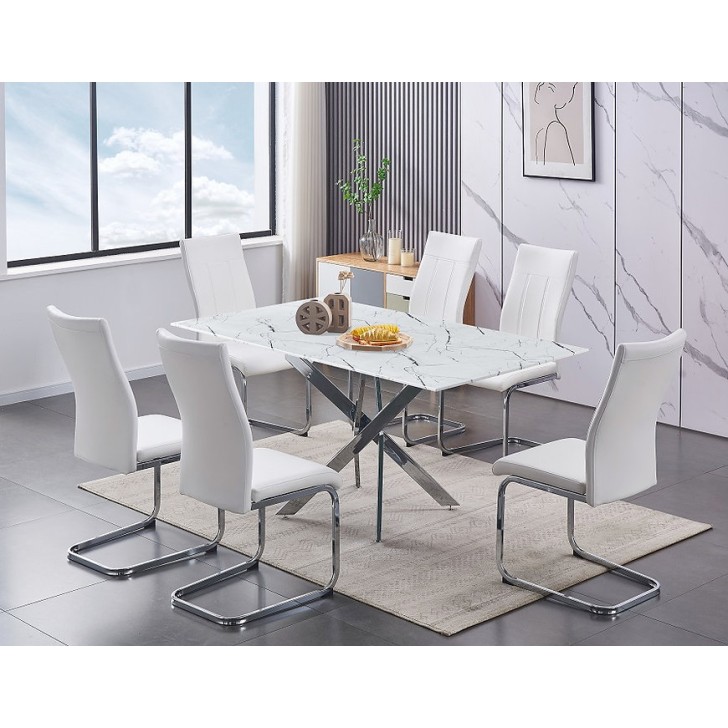 7Pc Tempered White Marble Glass Dining Table Set