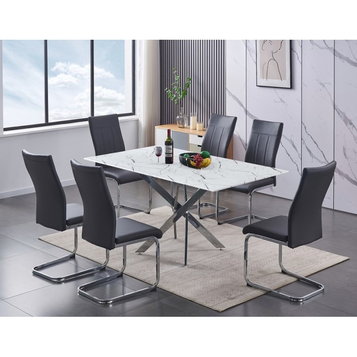 7PC White Marble Glass Dining Table Set
