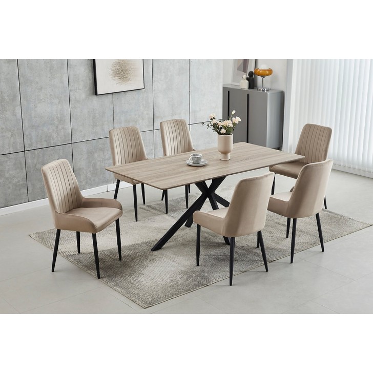 7Pc Beige Wood Top Dining Table Set 