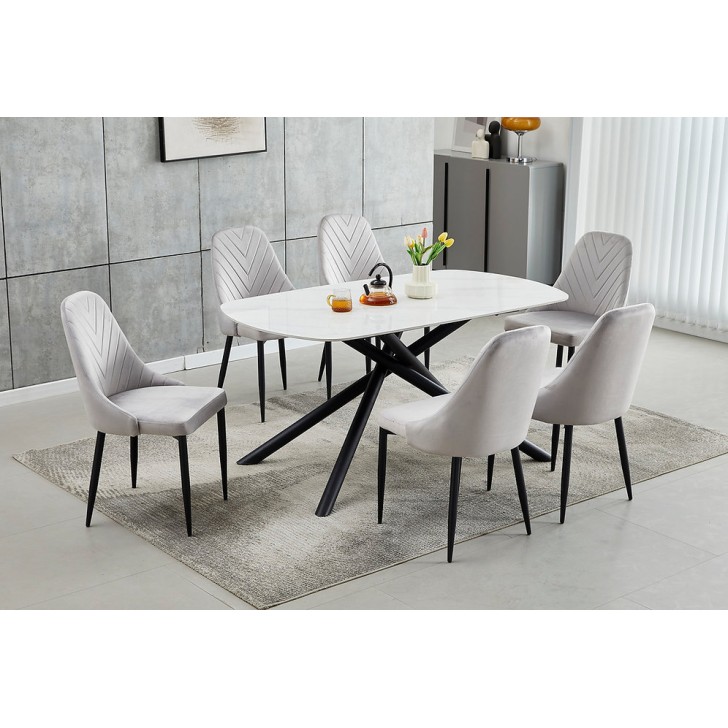 7Pc White Marble Top Dining Table Set