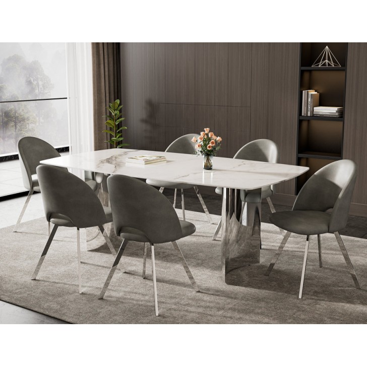 7PC Sintered Stone Matt Snow White Marble Top DIning Table Set 