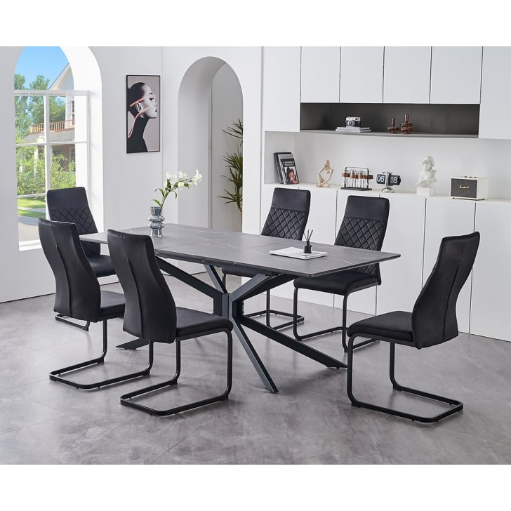7PC Grey Marble Veneer Top Extension Dining Table Set 