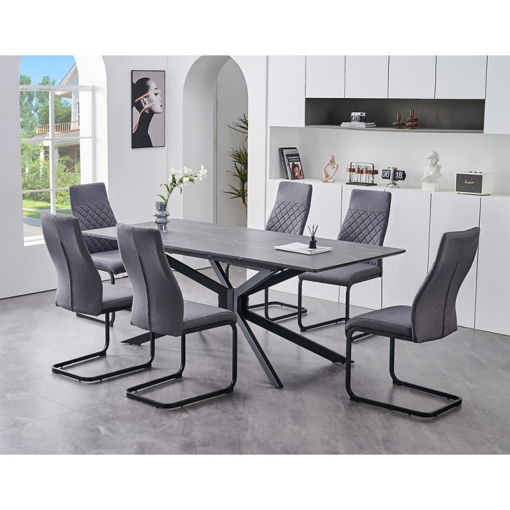 7PC Grey Marble Veneer Top Extension Dining Table Set
