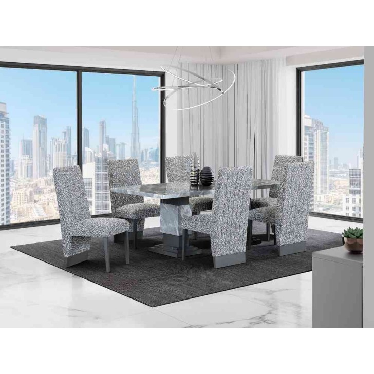 7Pc Grey Marble Top Dining Table Set 