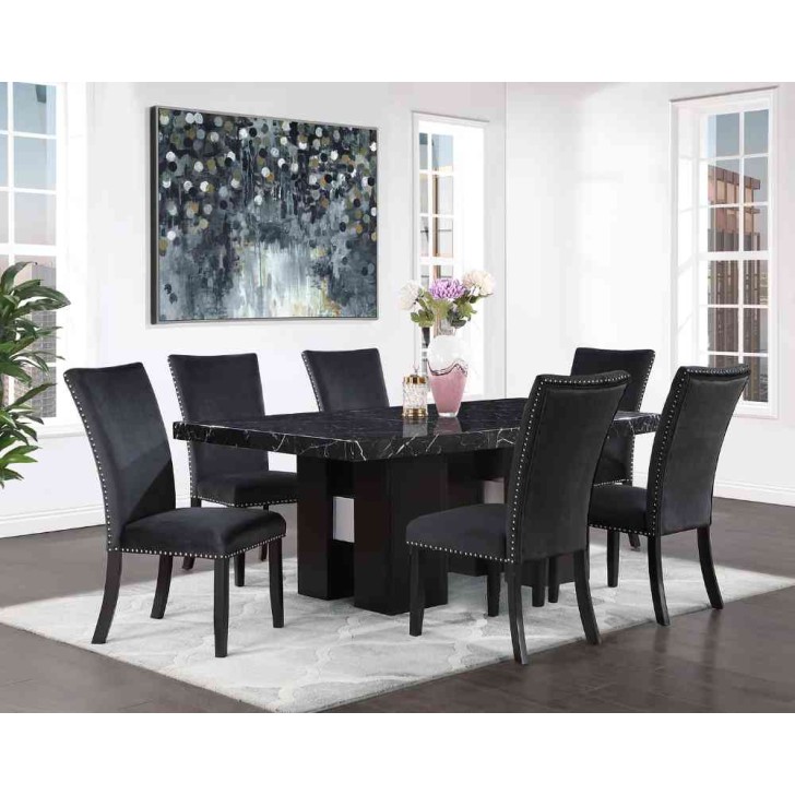 7Pc Black Marble Top Dining Table 