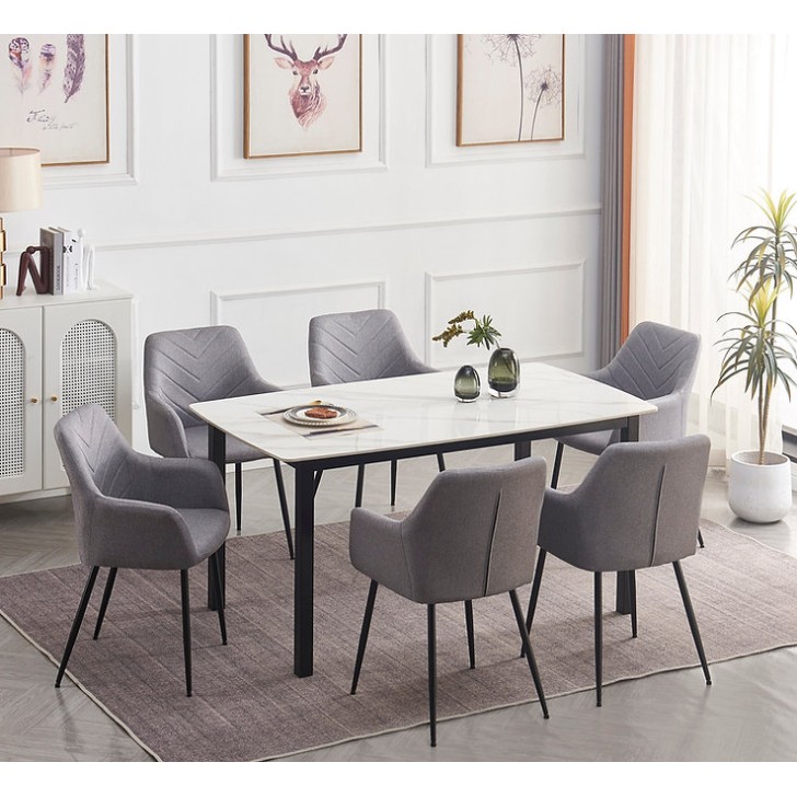 7Pc White Marble Top Dining Table Set 