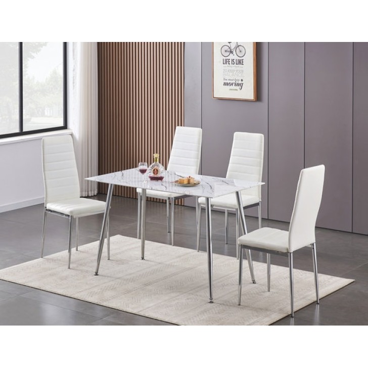 5PC 8mm Tempered White Marble Glass Dining Table Set